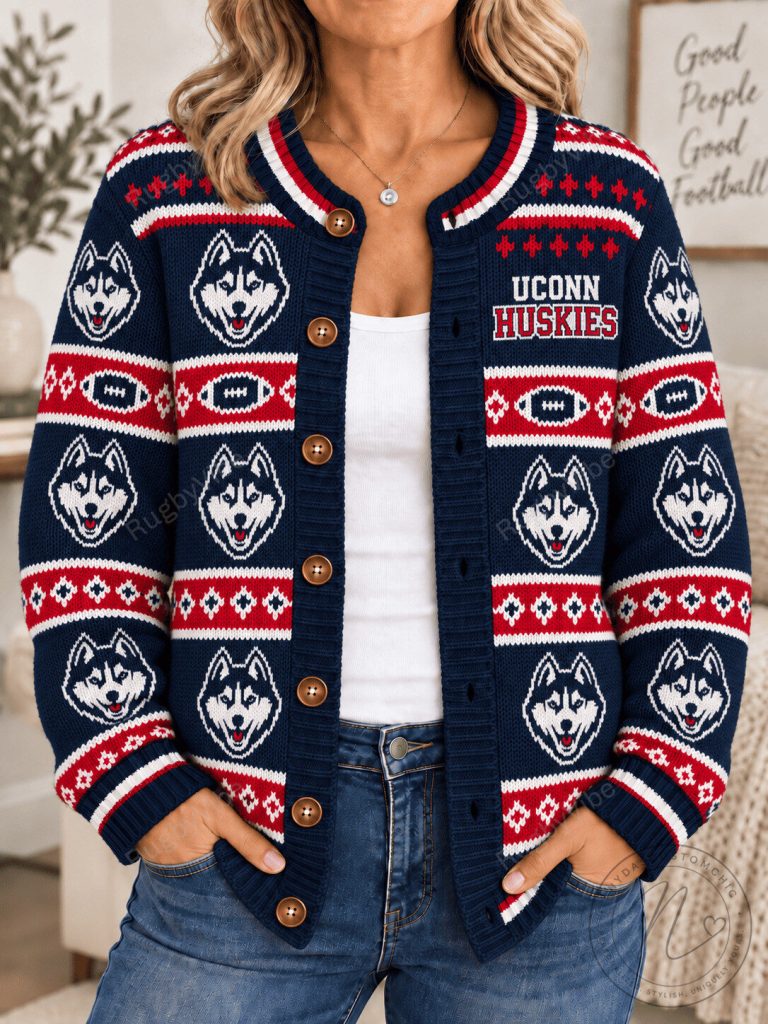 UConn Huskies College Football Team Knit Cardigan Sweater 4 UConn Huskies College Football Team Knit Cardigan Sweater