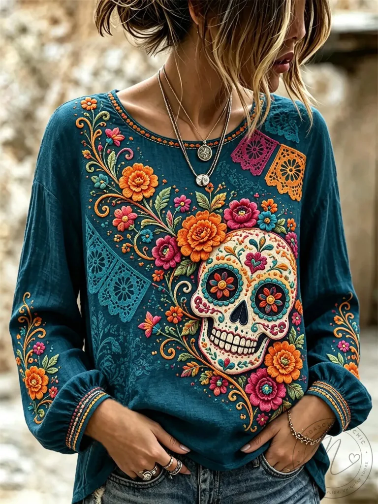 Day of the Dead Sugar Skull Floral Embroidered Long-Sleeve Shirt 26 Day of the Dead Sugar Skull Floral Embroidered Long-Sleeve Shirt