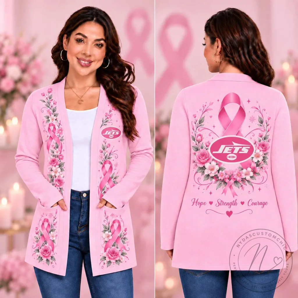 New York Jets Hope Strength Courage Pink Ribbon Floral Breast Cancer Awareness Cardigan New York Jets Hope Strength Courage Pink Ribbon Floral Breast Cancer Awareness Cardigan