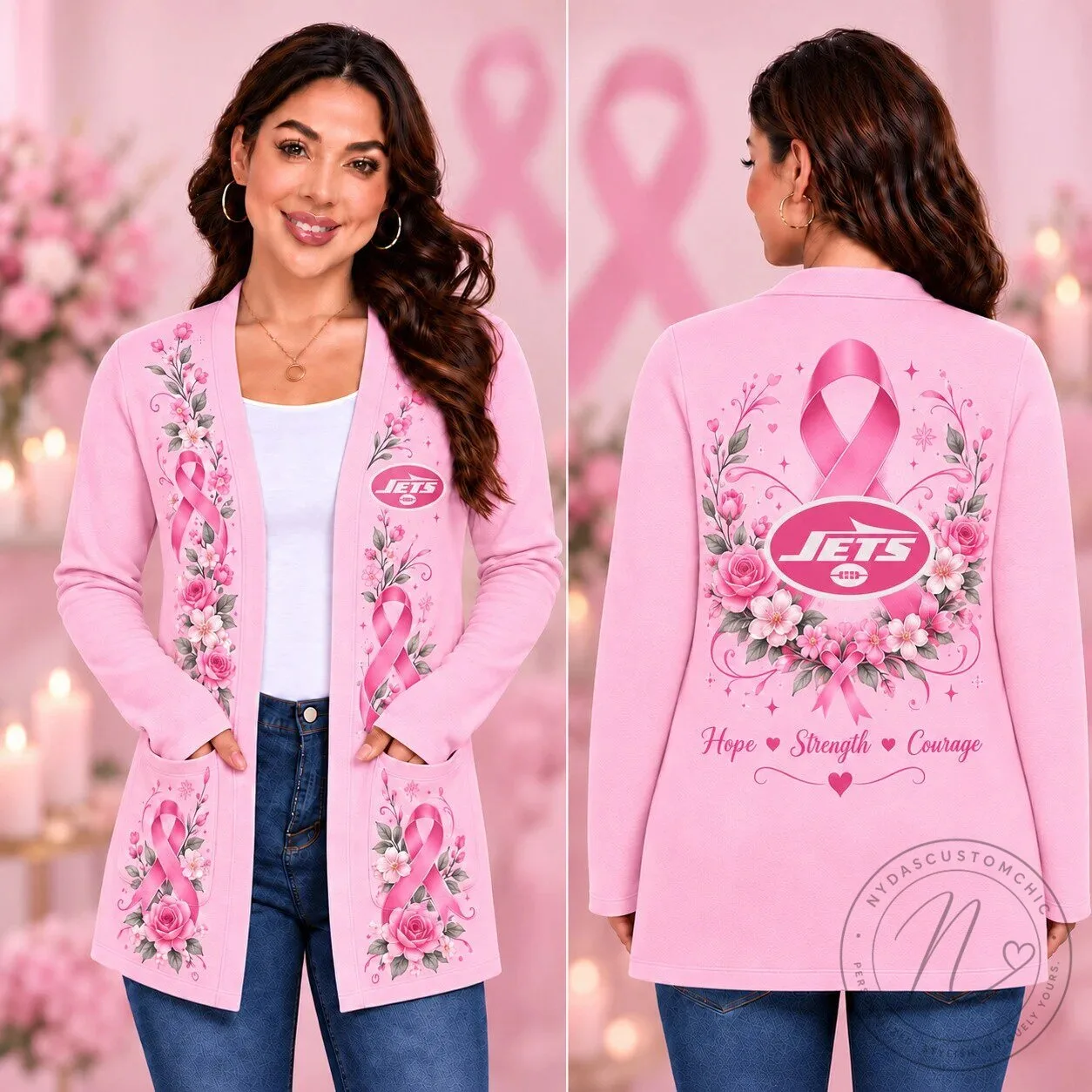 New York Jets Hope Strength Courage Pink Ribbon Floral Breast Cancer Awareness Cardigan