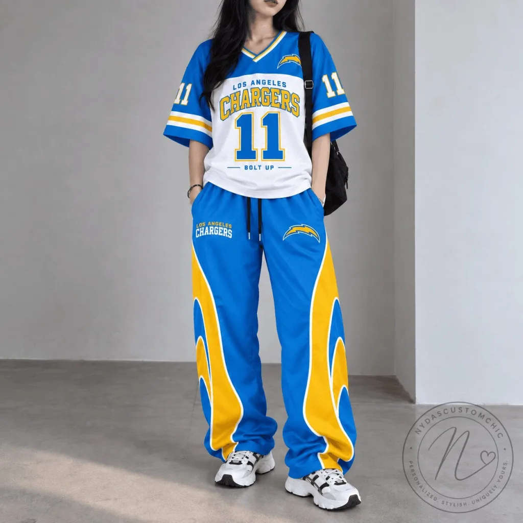 Los Angeles Chargers Football Team Spirit Flame Design Pants and Jersey Set 16 Los Angeles Chargers Football Team Spirit Flame Design Pants and Jersey Set