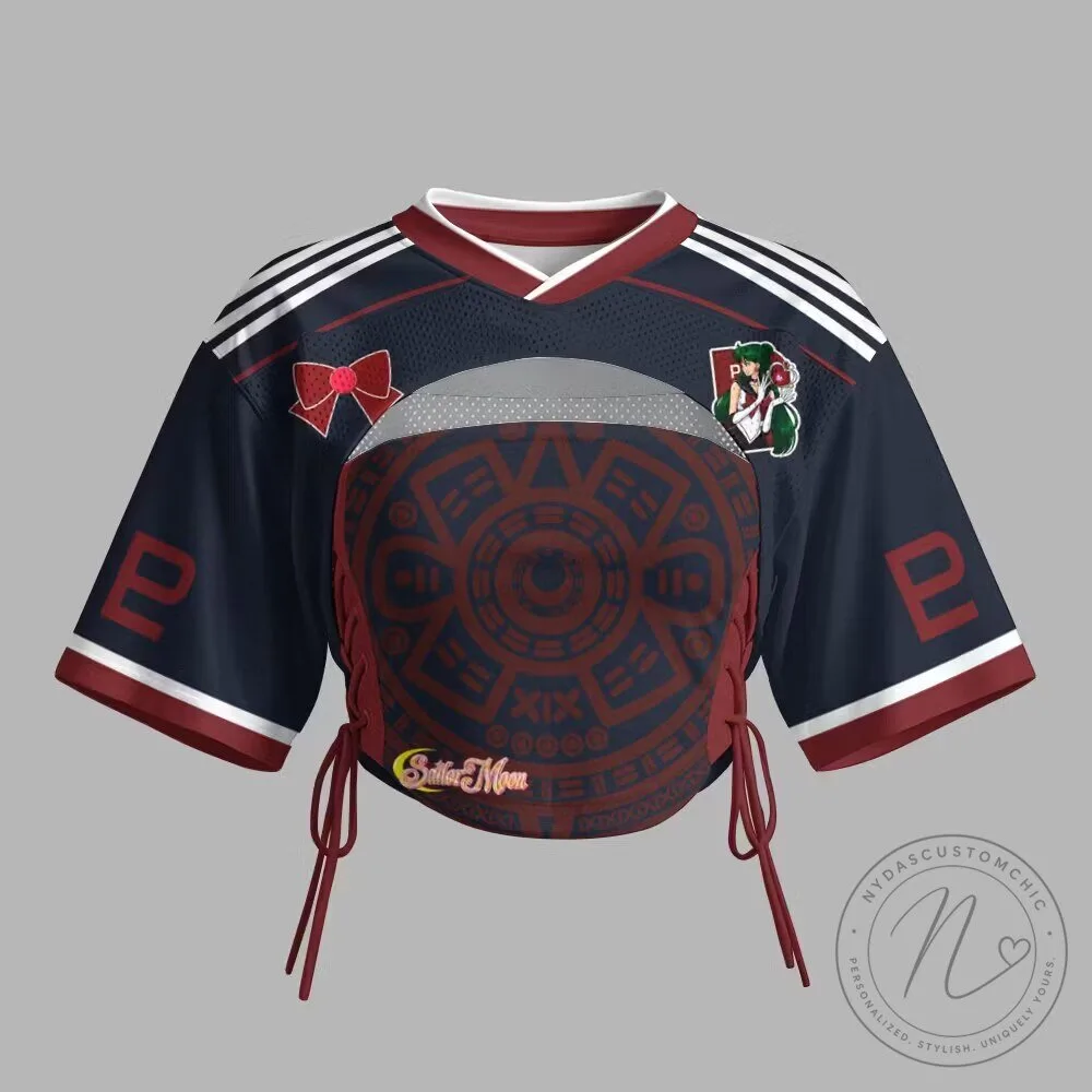 Sailor Moon Crop Top Jersey with Aztec Calendar Design and Bow Accent