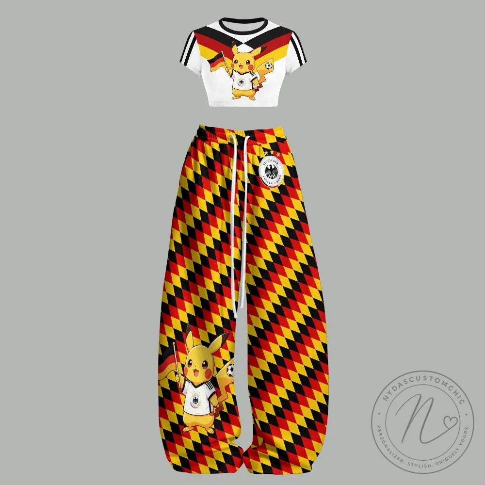Pikachu Germany Soccer Team Crop Top and Harlequin Pattern Pants Set