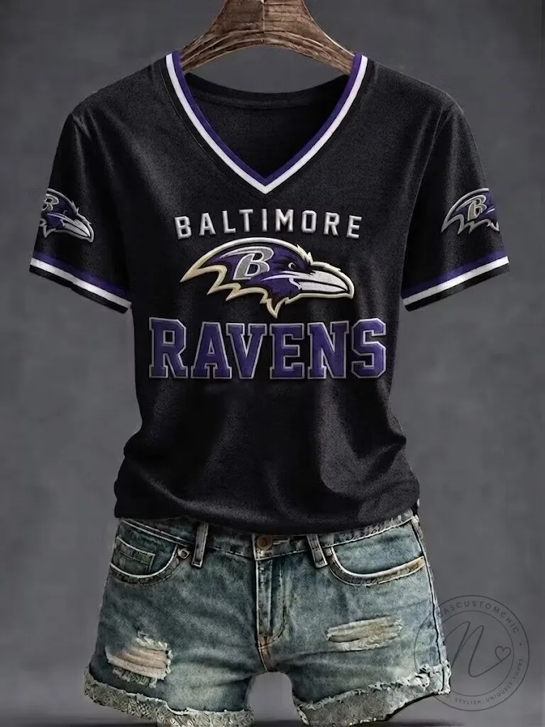 Baltimore Ravens Football Team Black V-Neck Short Sleeve Women's T-Shirt 2 Baltimore Ravens Football Team Black V-Neck Short Sleeve Women's T-Shirt