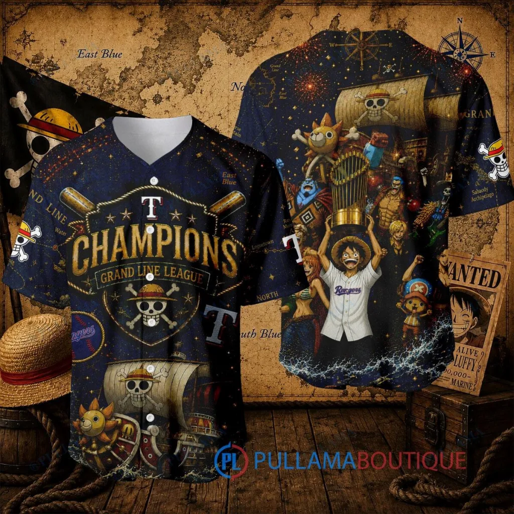 Texas Rangers Baseball Champions One Piece Luffy Baseball Jersey 19 Texas Rangers Baseball Champions One Piece Luffy Baseball Jersey
