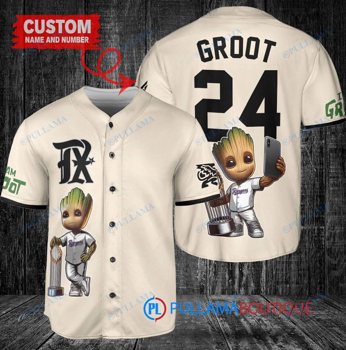 Texas Rangers Baseball Baby Groot Marvel Guardians of the Galaxy World Series Baseball Jersey