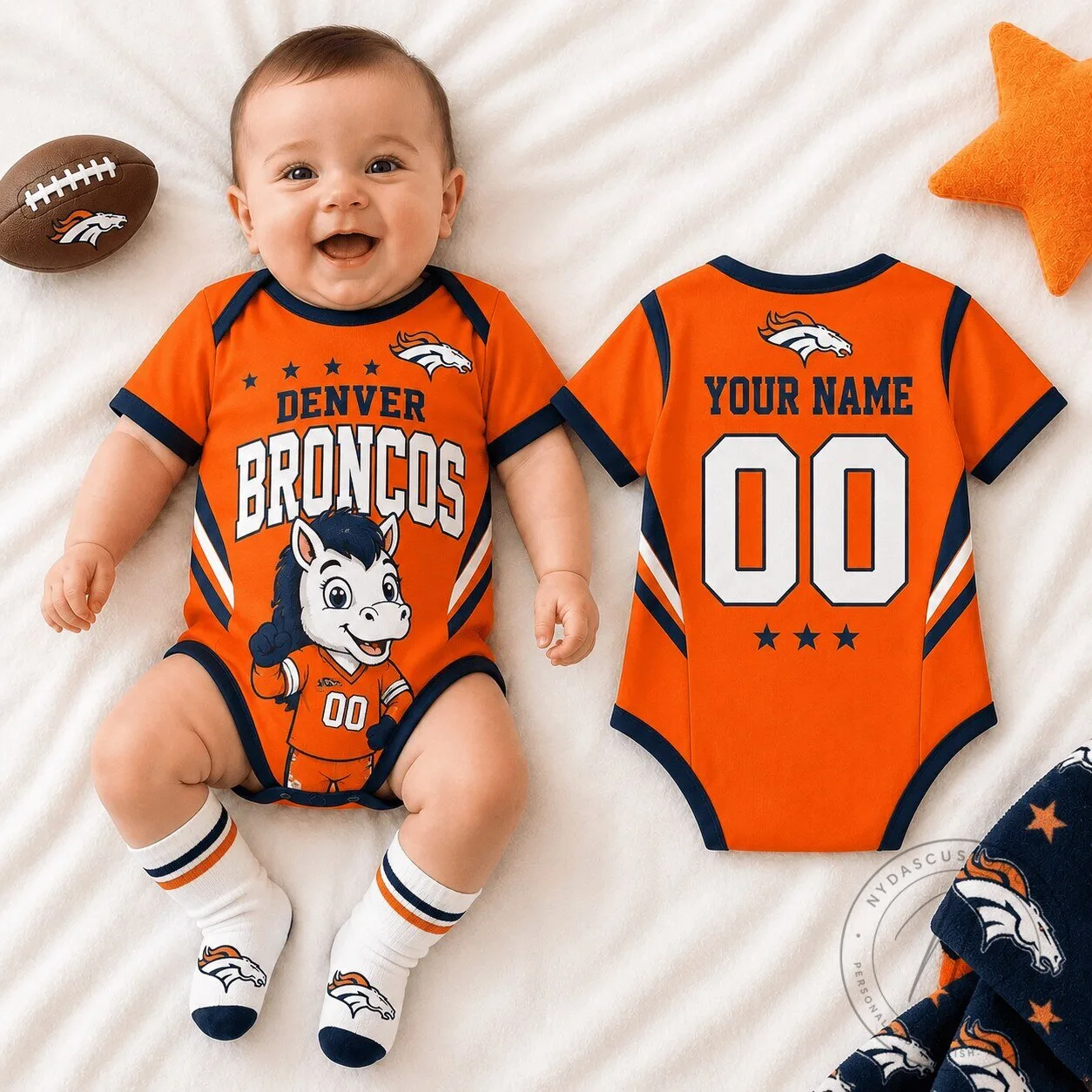 Denver Broncos Miles Mascot Baby Romper Custom Name and Number Infant Bodysuit