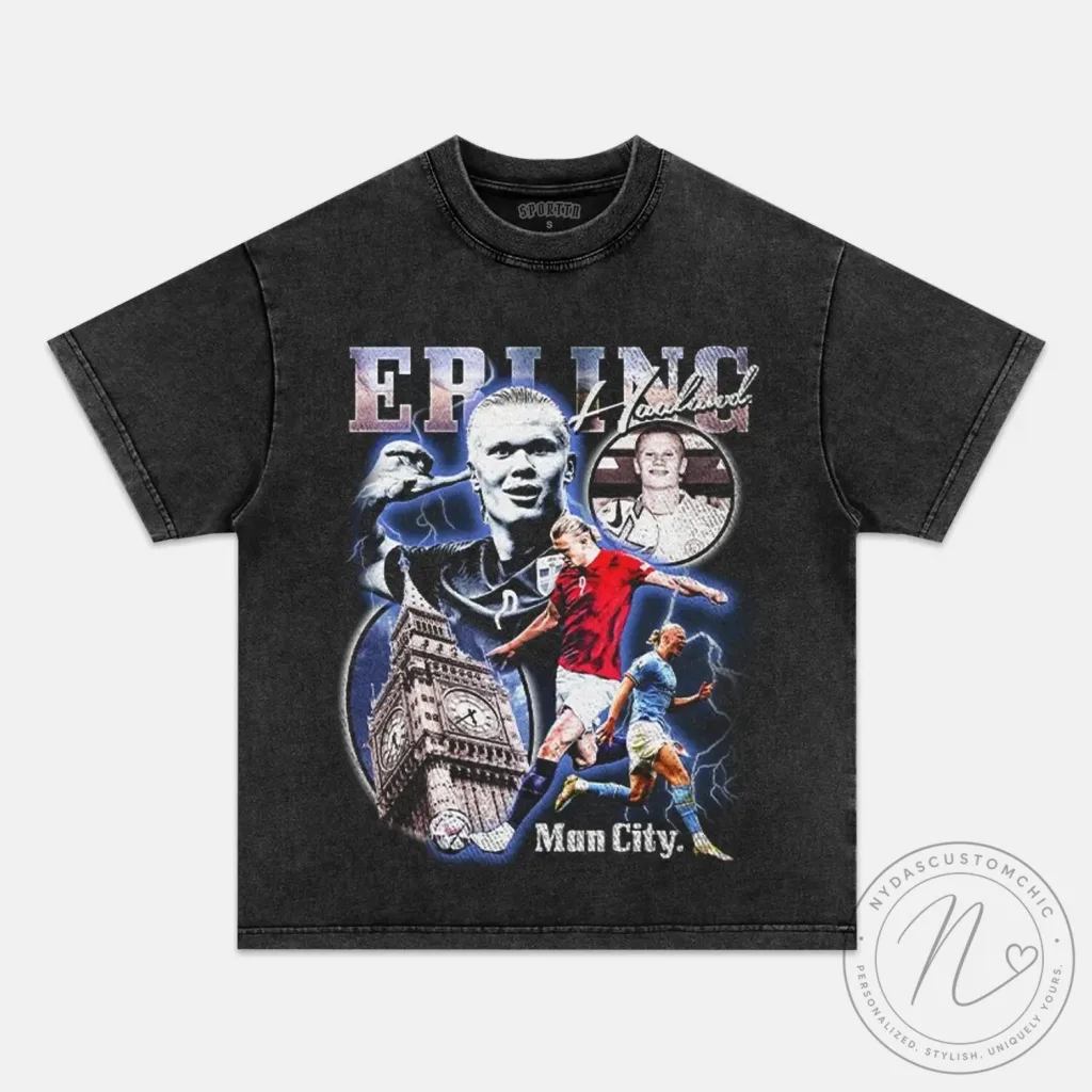 Erling Haaland Manchester City Football Club Vintage Style Graphic T-Shirt Erling Haaland Manchester City Football Club Vintage Style Graphic T-Shirt