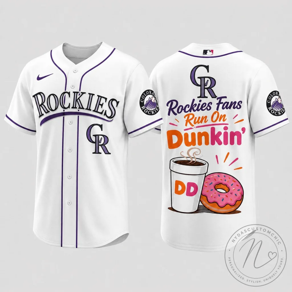 Colorado Rockies Baseball Fans Run On Dunkin' White Premium Baseball Jersey Colorado Rockies Baseball Fans Run On Dunkin' White Premium Baseball Jersey