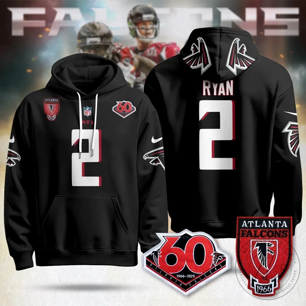 Atlanta Falcons 60th Season Kirk Cousins Black Football Hoodie 24 Atlanta Falcons 60th Season Kirk Cousins Black Football Hoodie