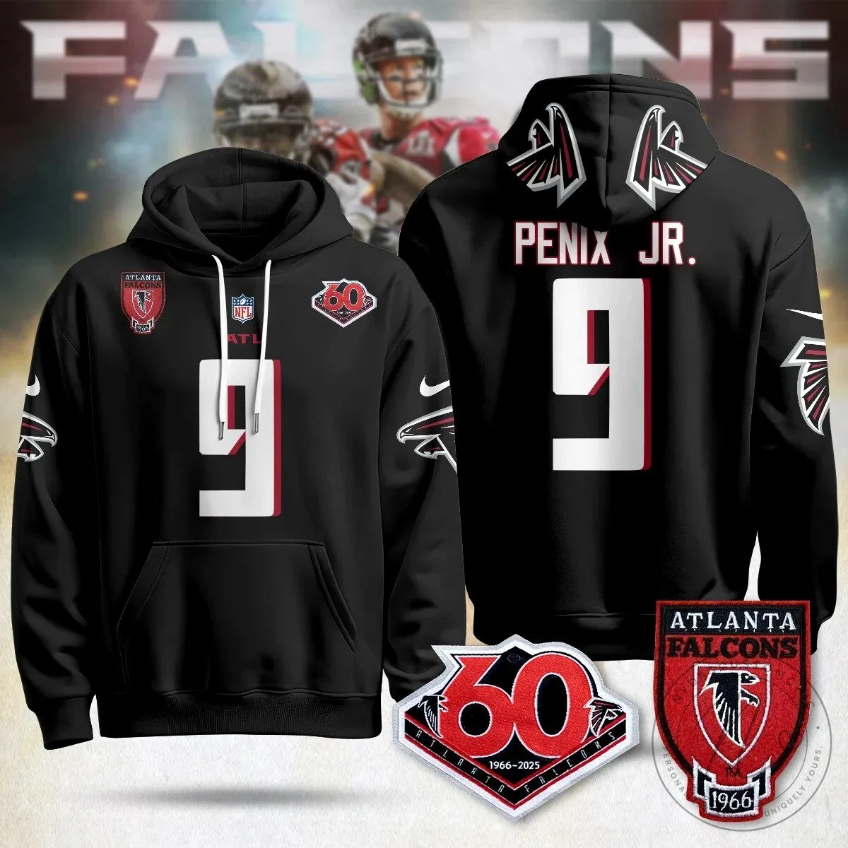 Atlanta Falcons 60th Season Kirk Cousins Black Football Hoodie 28 Atlanta Falcons 60th Season Kirk Cousins Black Football Hoodie