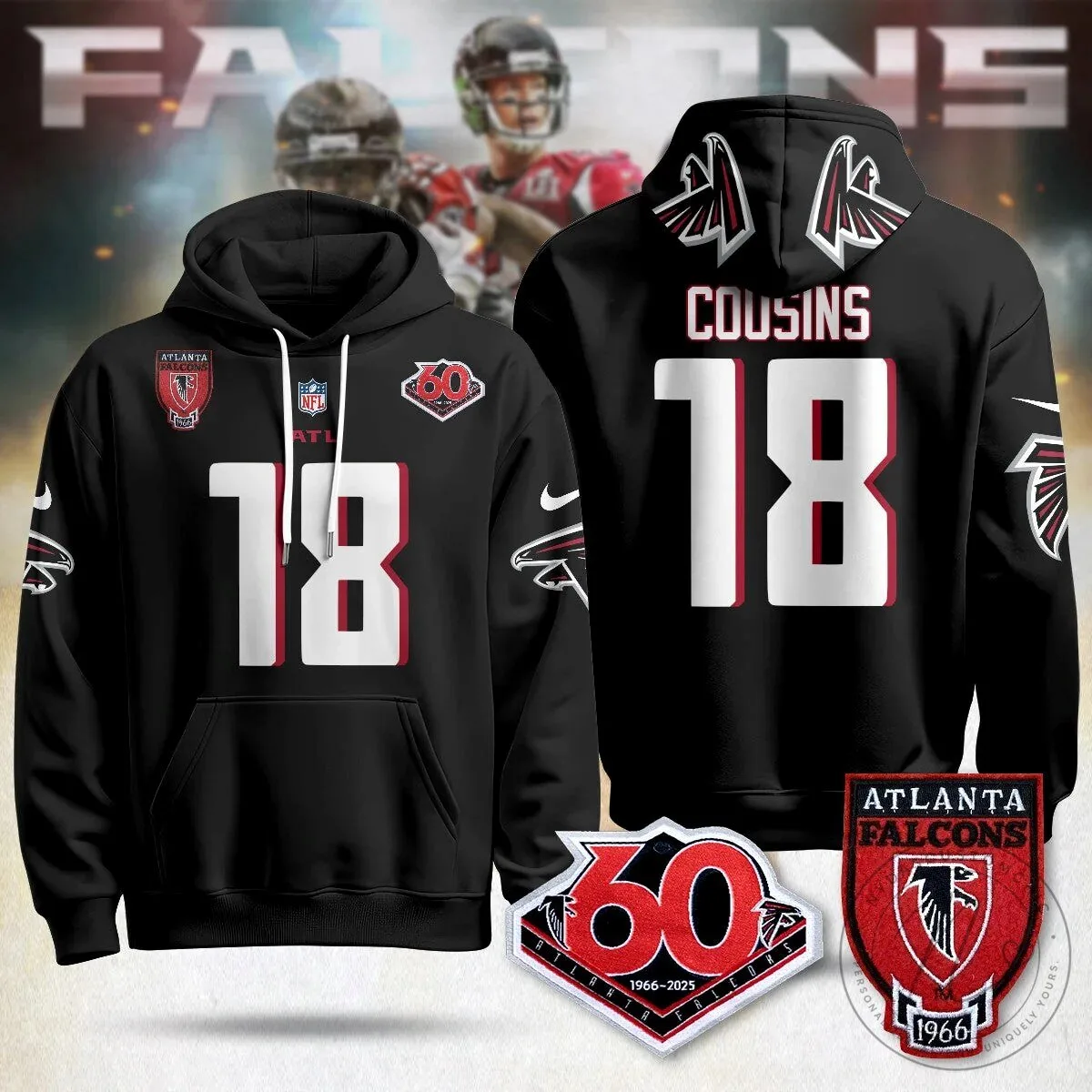 Atlanta Falcons 60th Season Kirk Cousins Black Football Hoodie 33 Atlanta Falcons 60th Season Kirk Cousins Black Football Hoodie