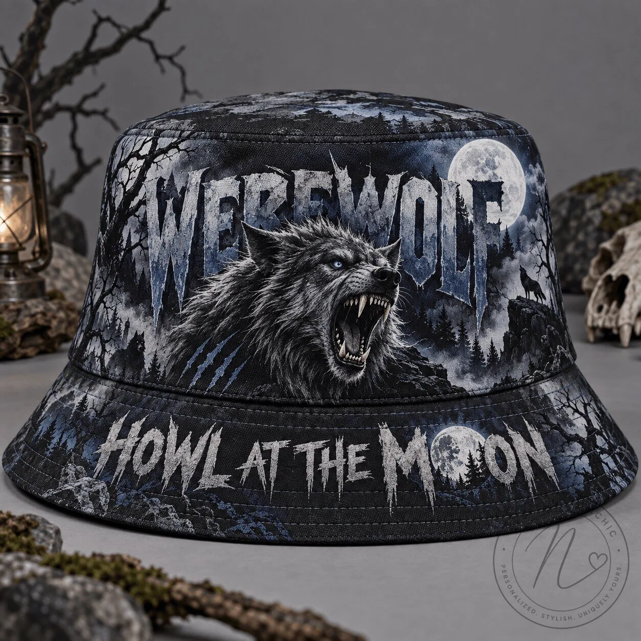 Werewolf Howl At The Moon Horror Graphic Bucket Hat