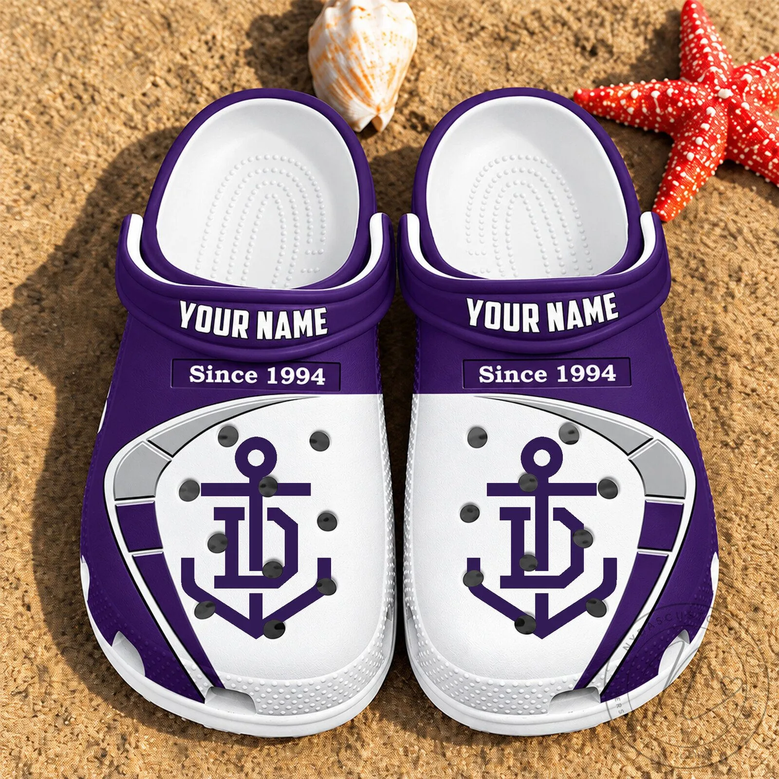 Personalized Custom Name Since 1994 Anchor Pattern Purple and White Crocs Shoes 5 Personalized Custom Name Since 1994 Anchor Pattern Purple and White Crocs Shoes