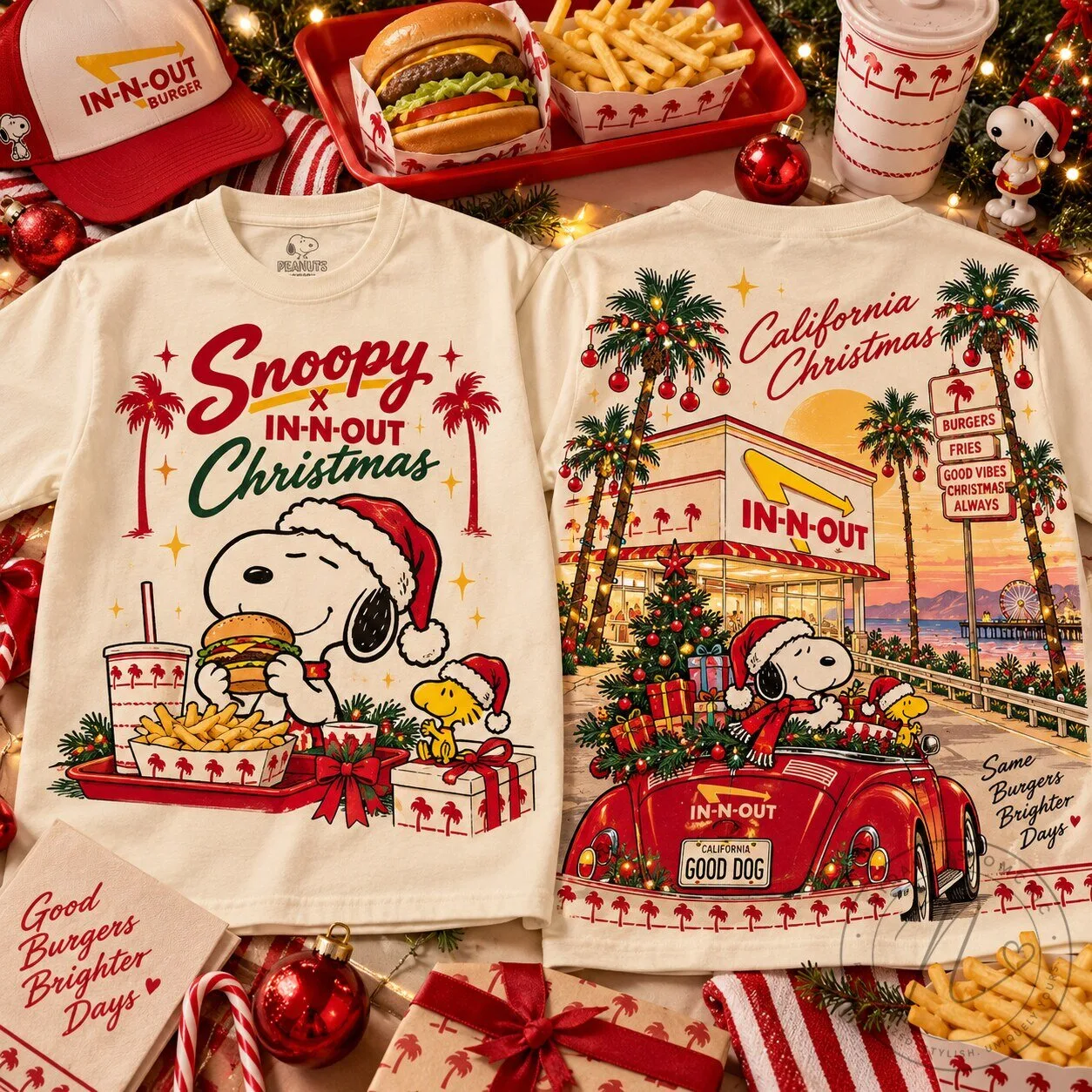 Snoopy In-N-Out California Christmas Good Burgers Brighter Days T-Shirt