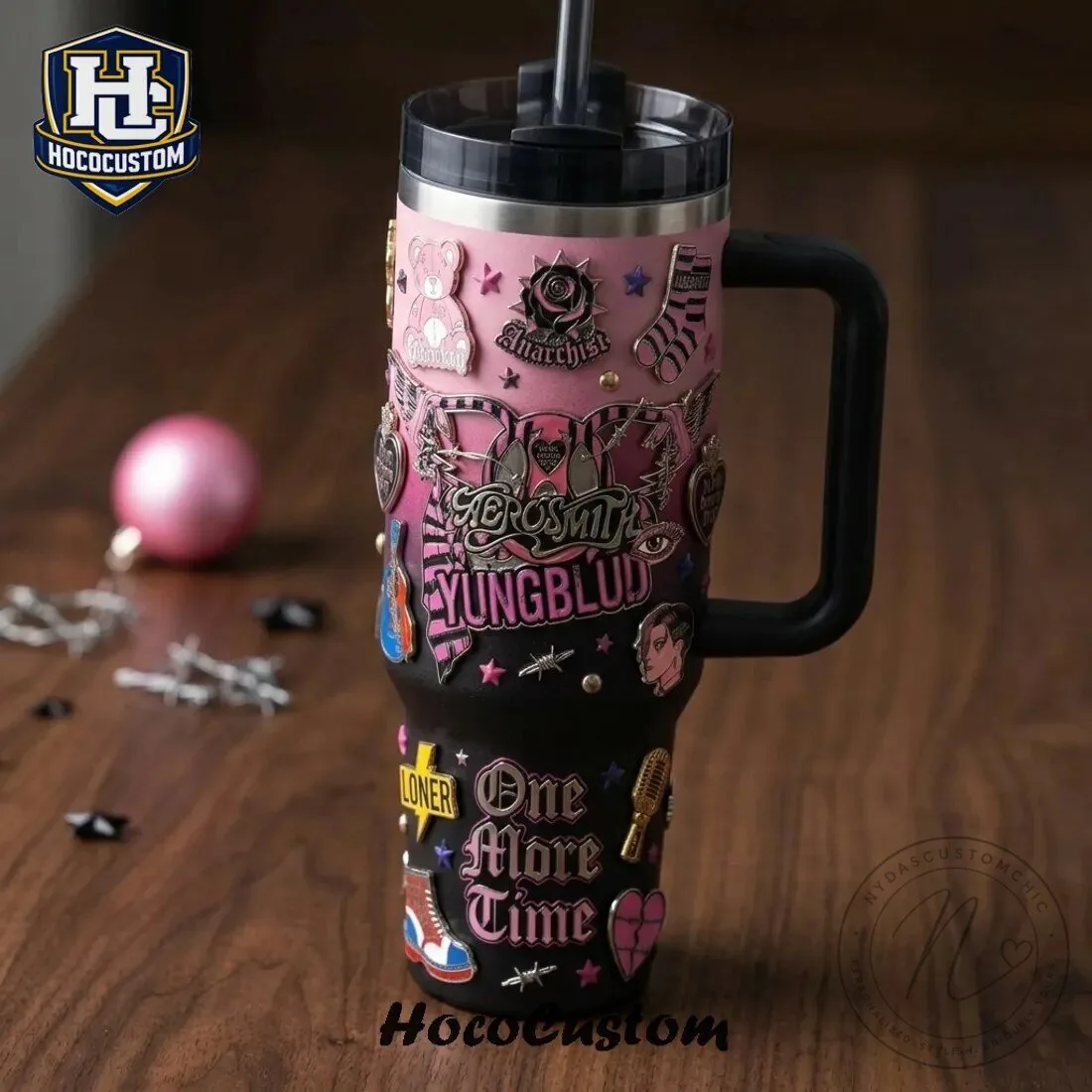 Aerosmith and Yungblud Pink and Black Rock Music Insulated Tumbler with Handle