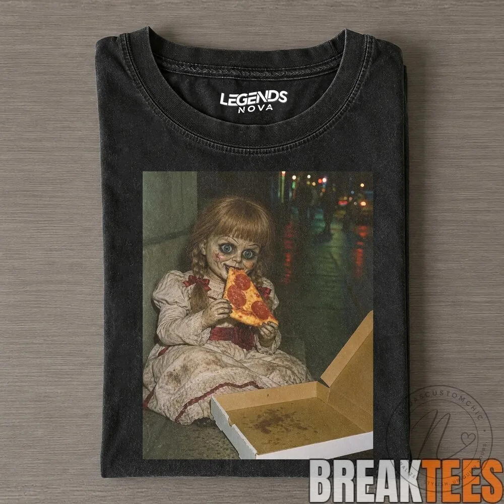 Annabelle Doll Eating Pizza Horror Movie Fan Art Unisex T-Shirt 4 Annabelle Doll Eating Pizza Horror Movie Fan Art Unisex T-Shirt