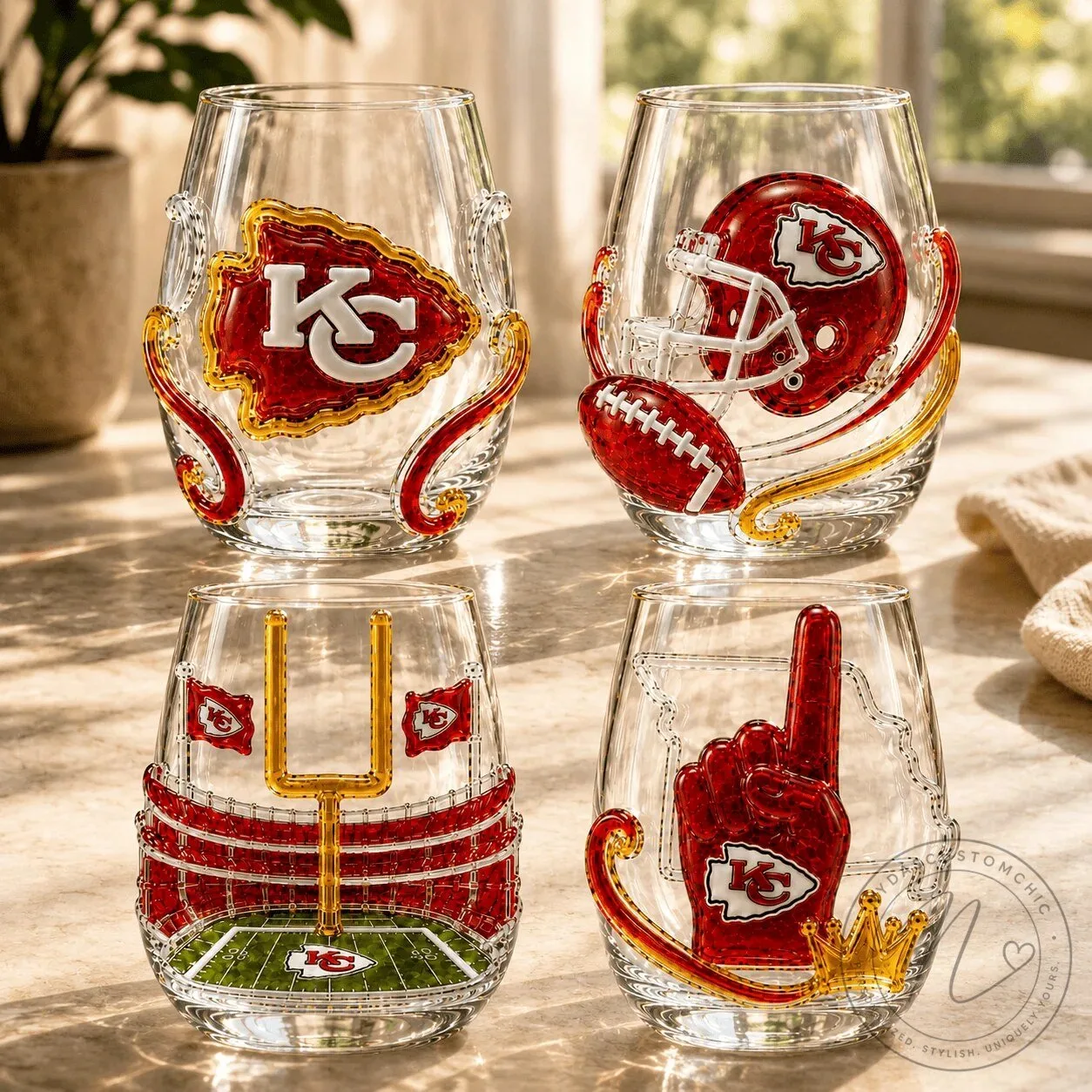Stemless Wine Glass Set for Kansas City Chiefs Football Fans