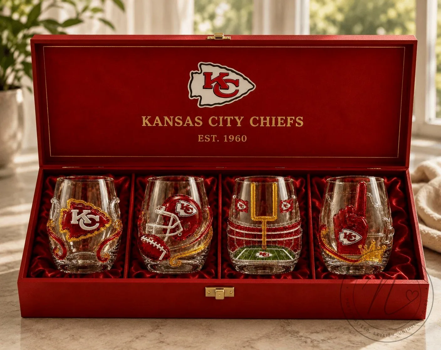 Stemless Wine Glass Set for Kansas City Chiefs Football Fans 6 Stemless Wine Glass Set for Kansas City Chiefs Football Fans
