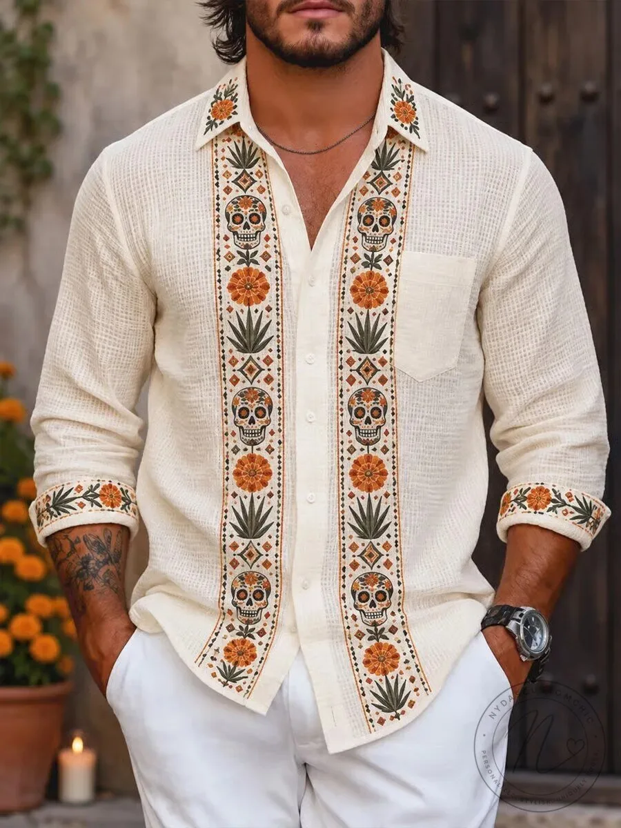 Day of the Dead Sugar Skull Embroidered Collared Button Up Shirt