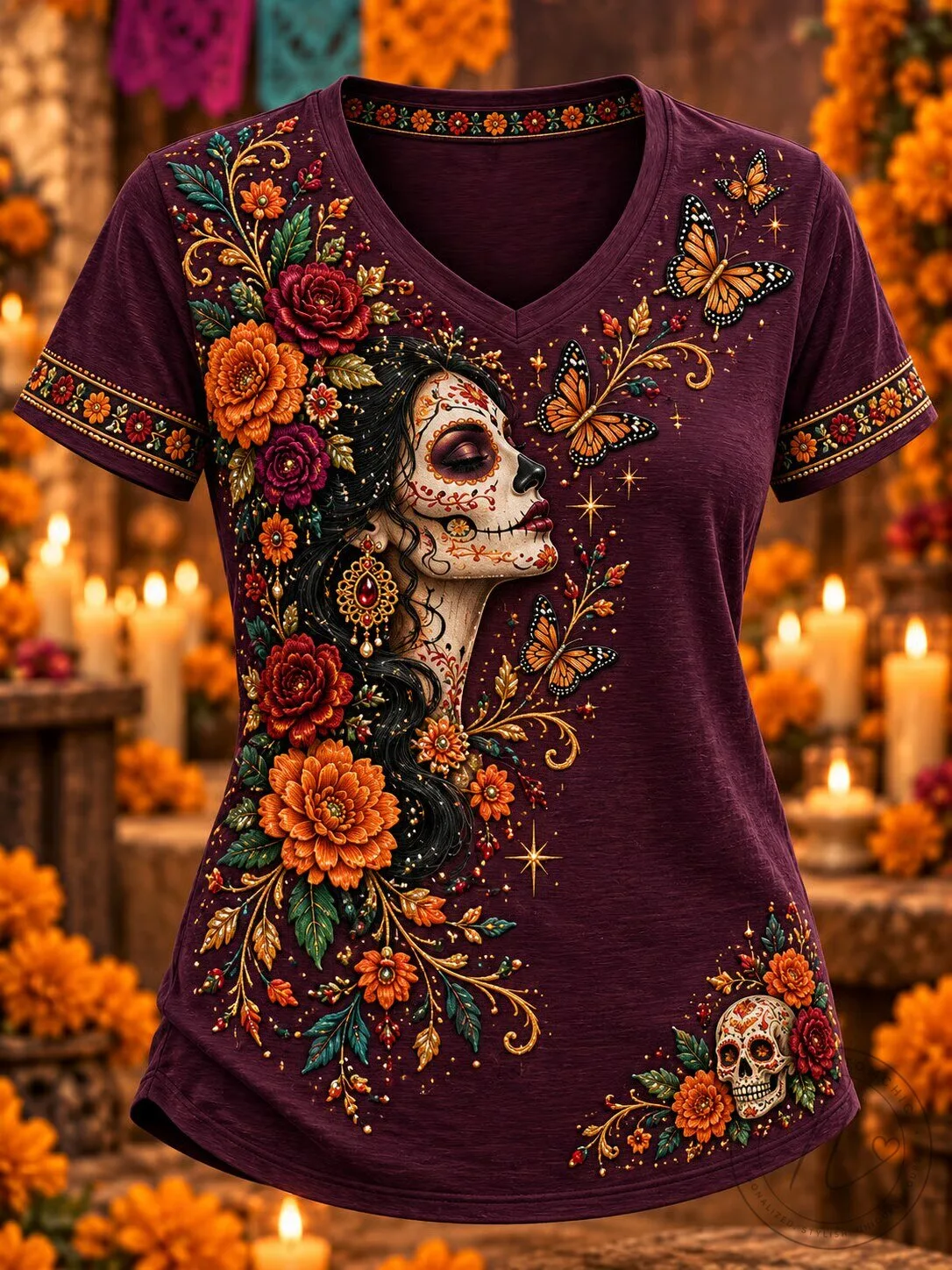 Day of the Dead Sugar Skull Woman Floral Butterflies Maroon V-Neck T-Shirt