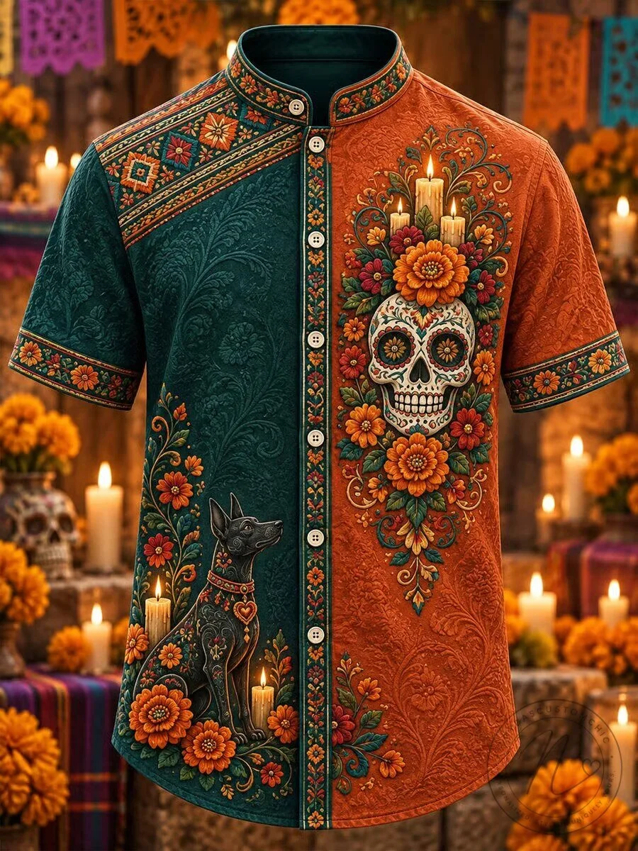 Day of the Dead Sugar Skull Dog Floral Pattern Hawaiian Shirt