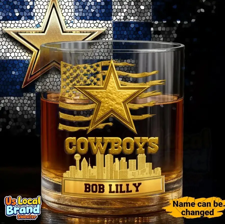 Dallas Cowboys Bob Lilly Personalized Whiskey Glass, American Flag Star Design