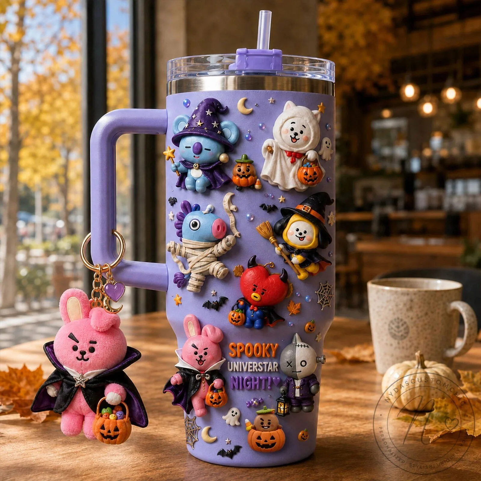 BT21 Halloween Spooky Night Purple Insulated Stainless Steel Tumbler with Handle
