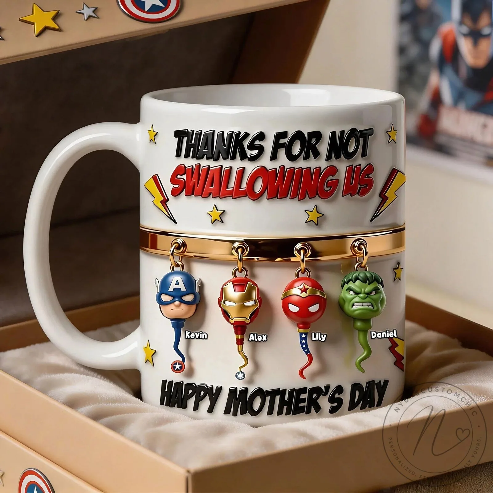 Funny Mother's Day Coffee Mug with Superhero Sperm Charms