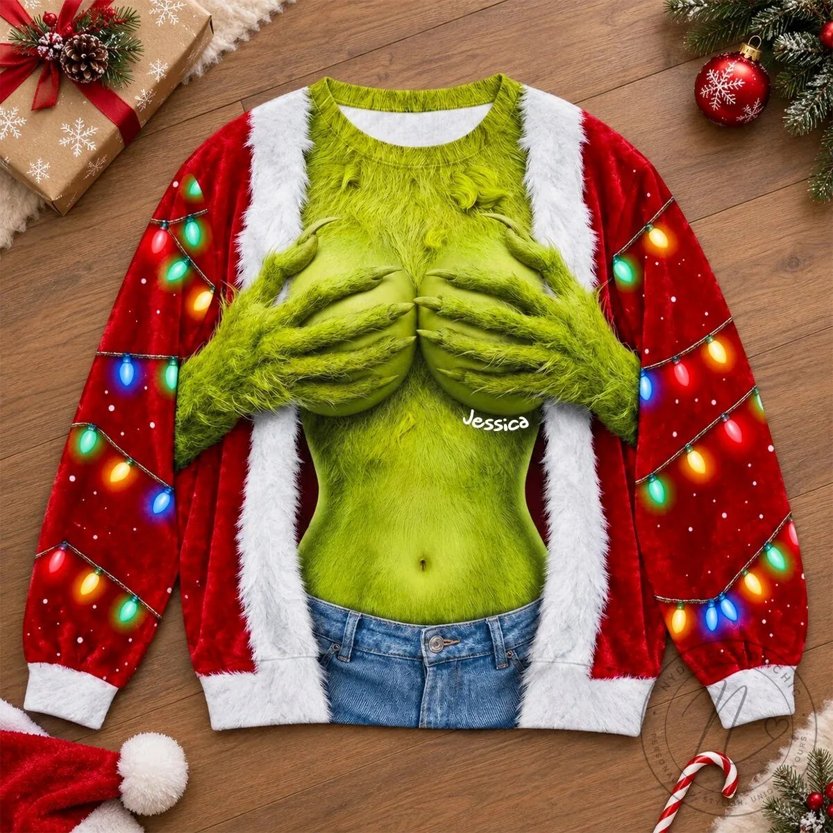 Funny Grinch Hands Christmas Lights Holiday Ugly Sweater Sweatshirt