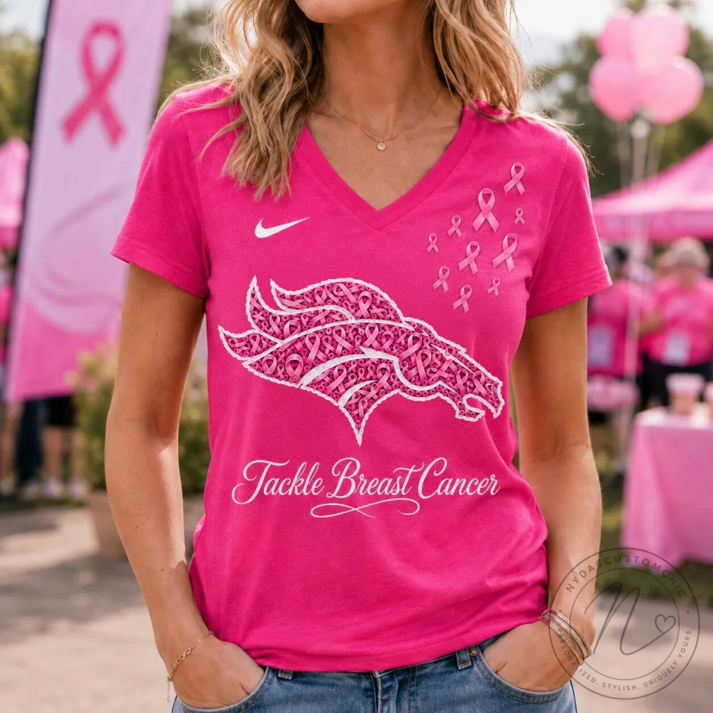 Denver Broncos Tackle Breast Cancer Pink Ribbon V-Neck T-Shirt Denver Broncos Tackle Breast Cancer Pink Ribbon V-Neck T-Shirt