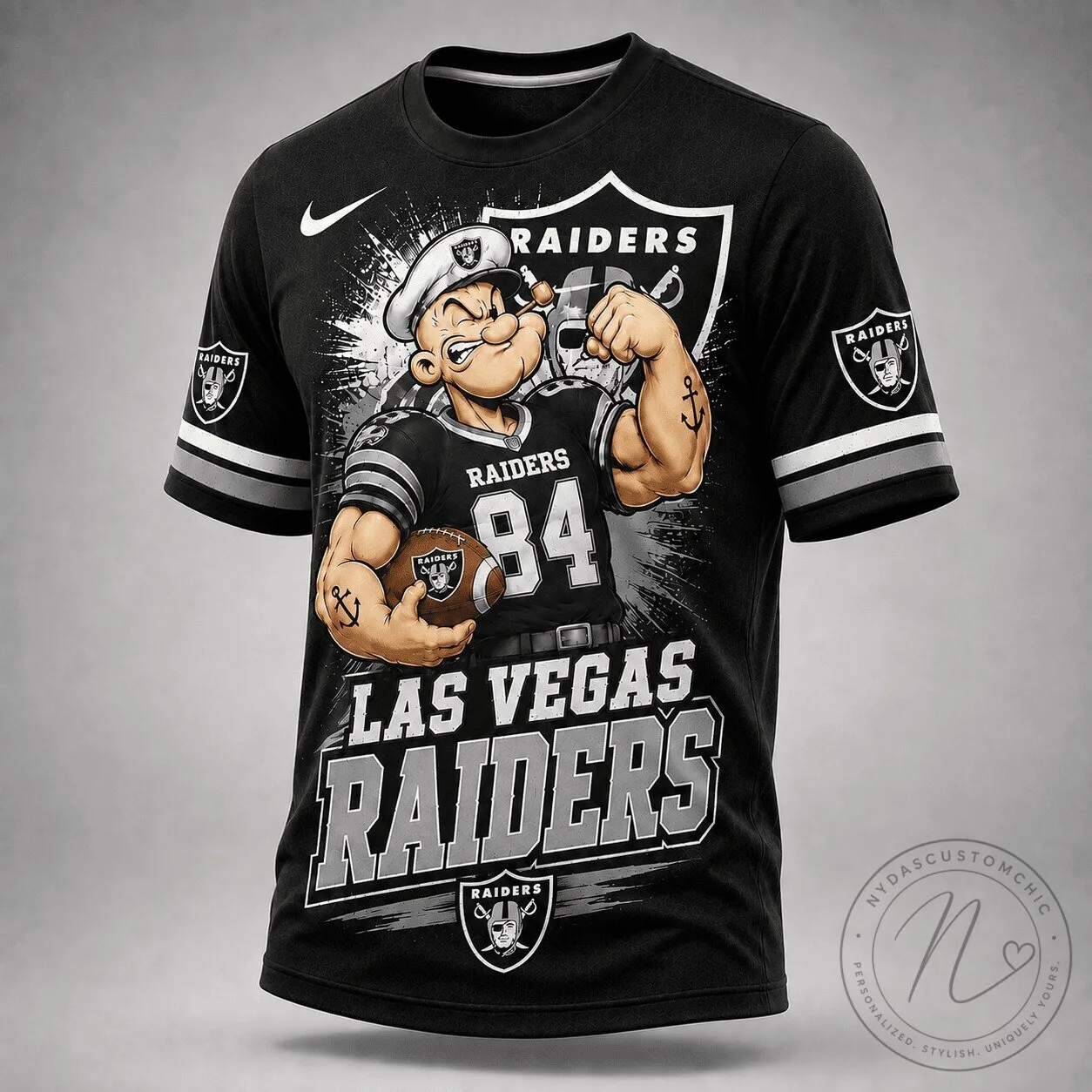 Las Vegas Raiders Popeye Cartoon Football Fan Black Graphic T-Shirt 1 Las Vegas Raiders Popeye Cartoon Football Fan Black Graphic T-Shirt