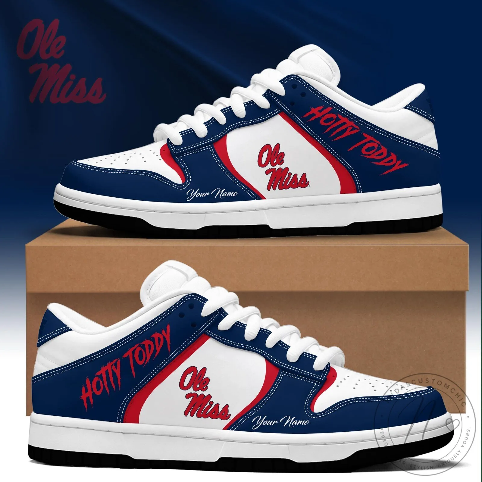 Ole Miss Rebels Hotty Toddy Custom Name White and Blue Sneakers