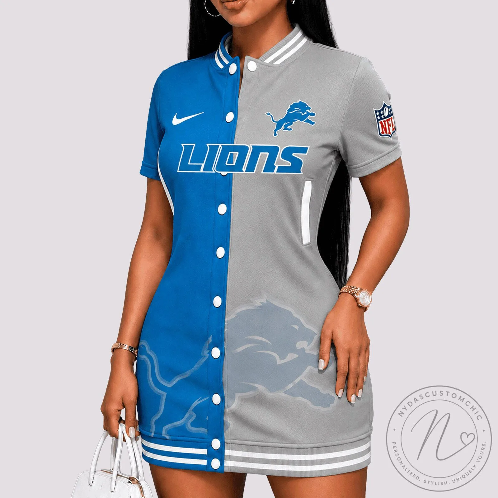 Detroit Lions NFL Team Logo Short Sleeve Button Up Dress