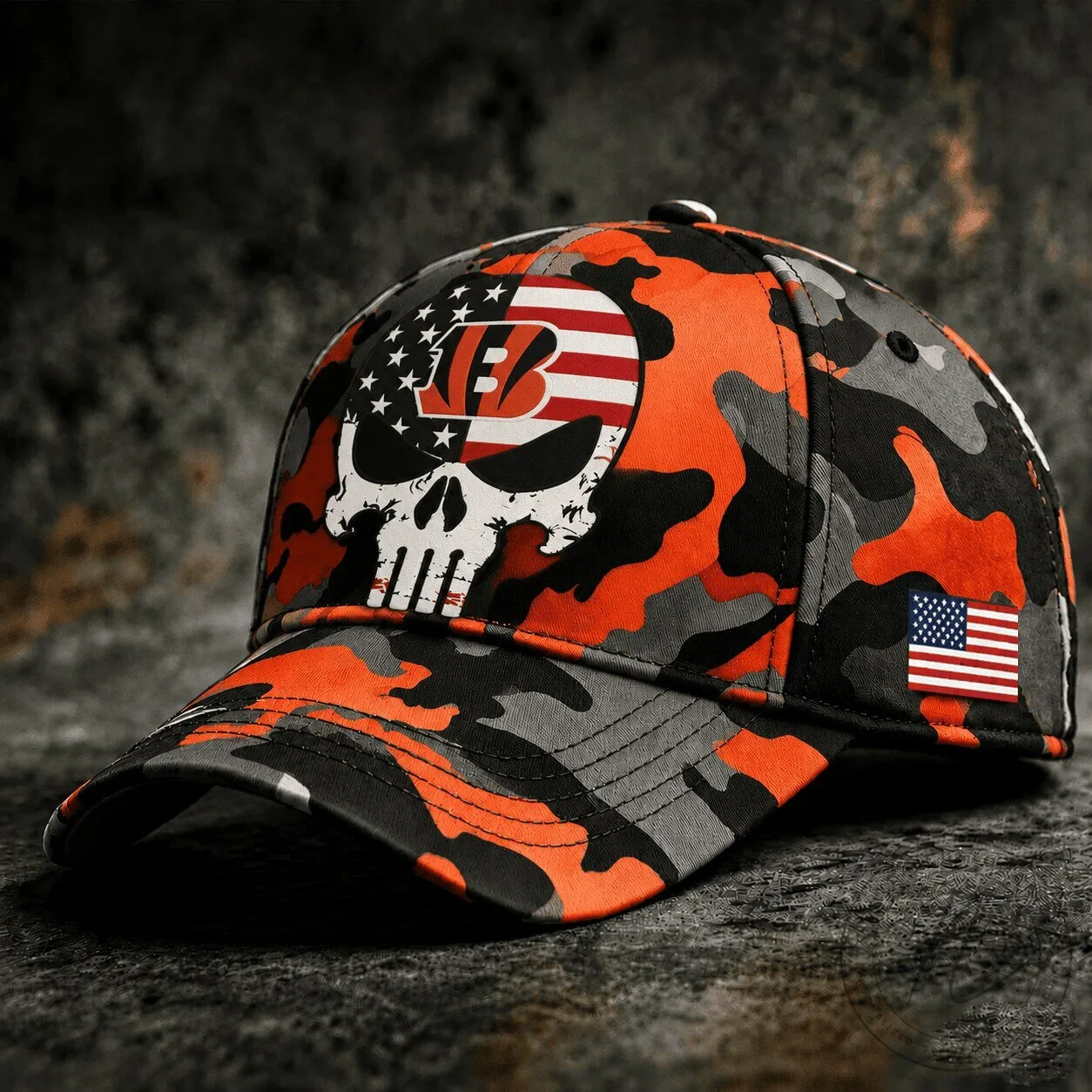 Cincinnati Bengals Skull Camouflage American Flag Baseball Cap Hat