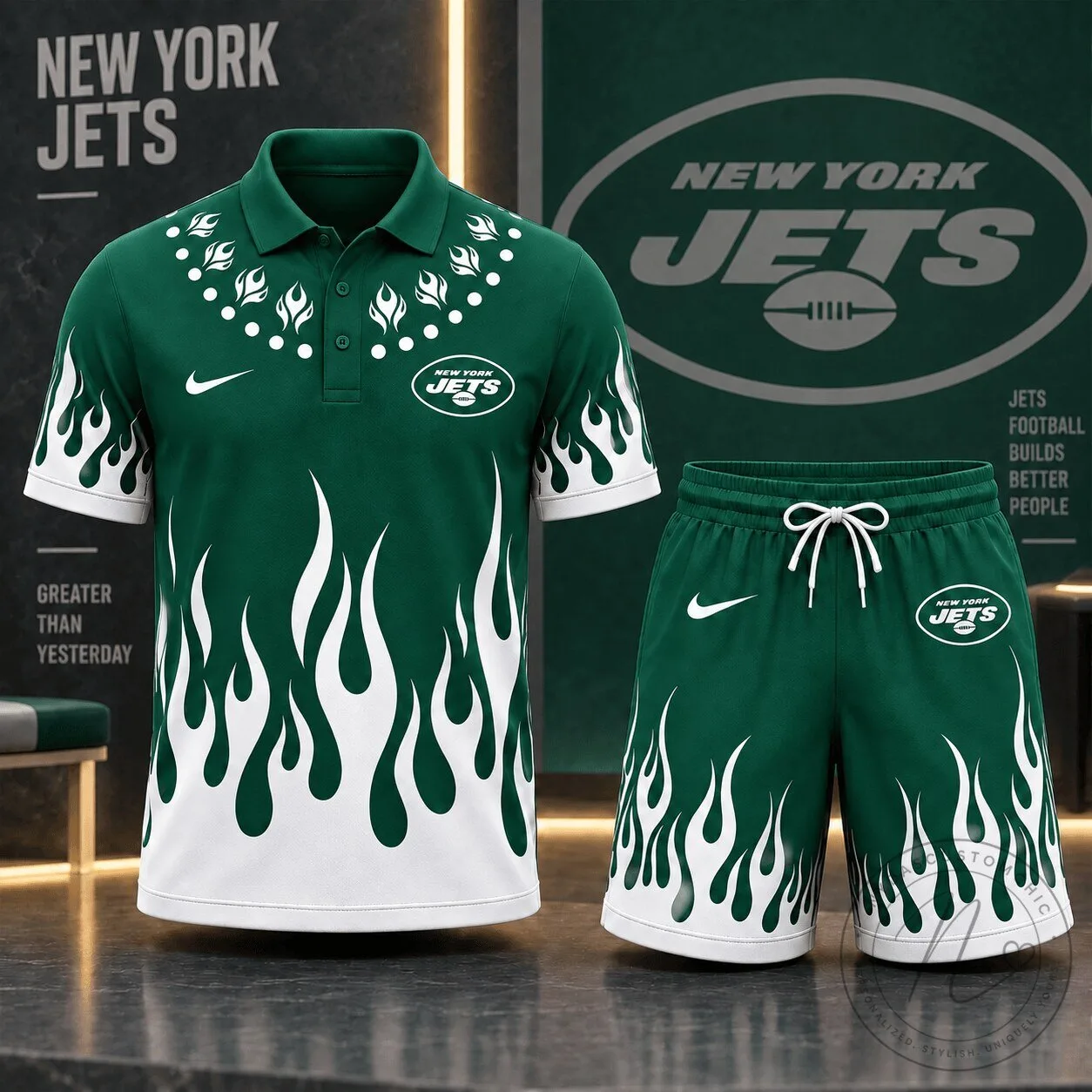 New York Jets Polo Shirt with Flame Graphic and Matching Shorts Set 2 New York Jets Polo Shirt with Flame Graphic and Matching Shorts Set