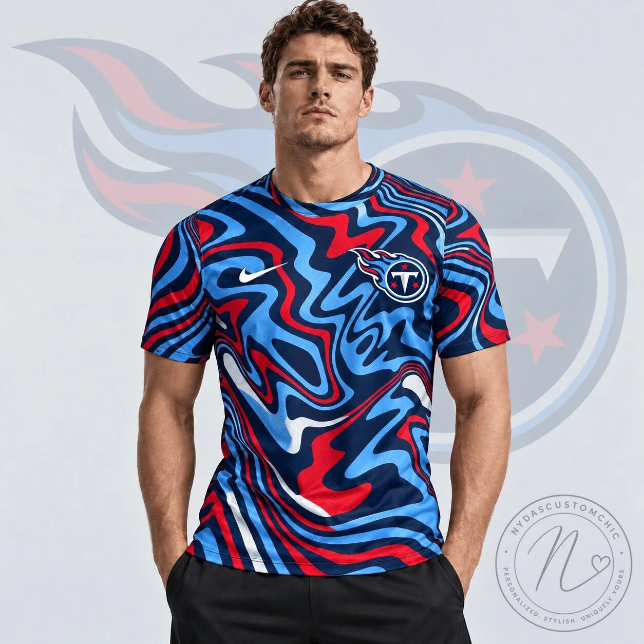 Tennessee Titans National Football League Team Crest Abstract Wave T-Shirt