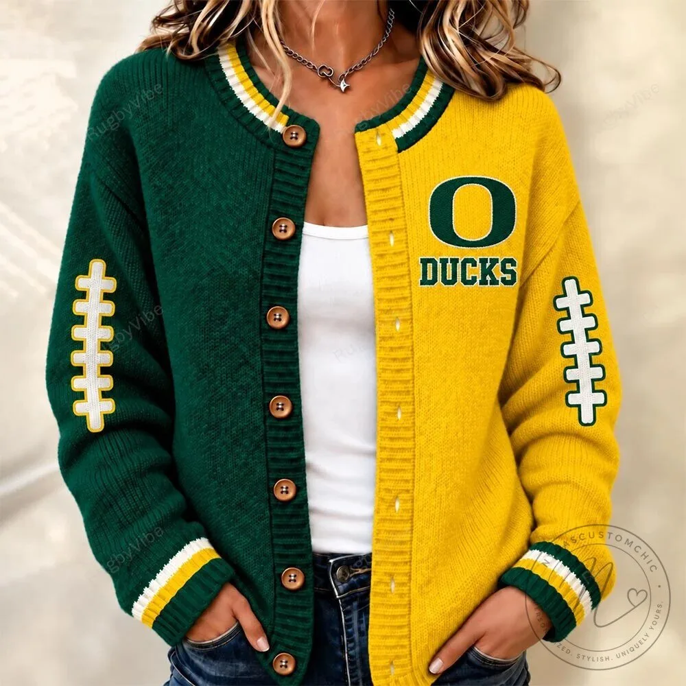 Oregon Ducks Football Team Green Yellow Split Cardigan Sweater