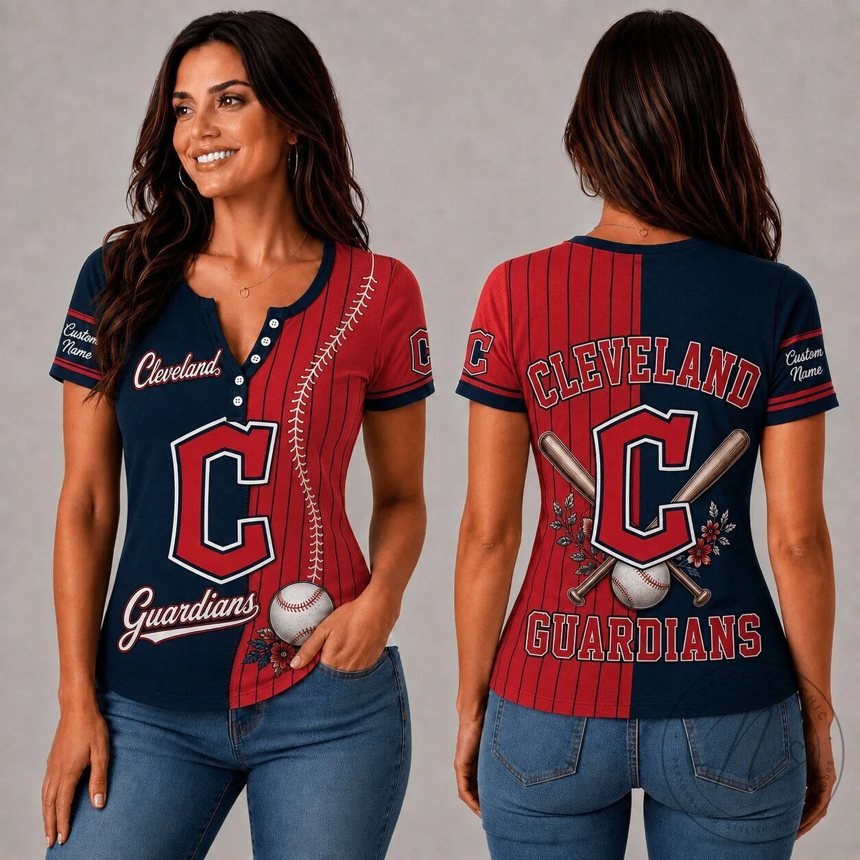 Cleveland Guardians MLB Fan Shirt Women's Personalized V-Neck Button T-Shirt