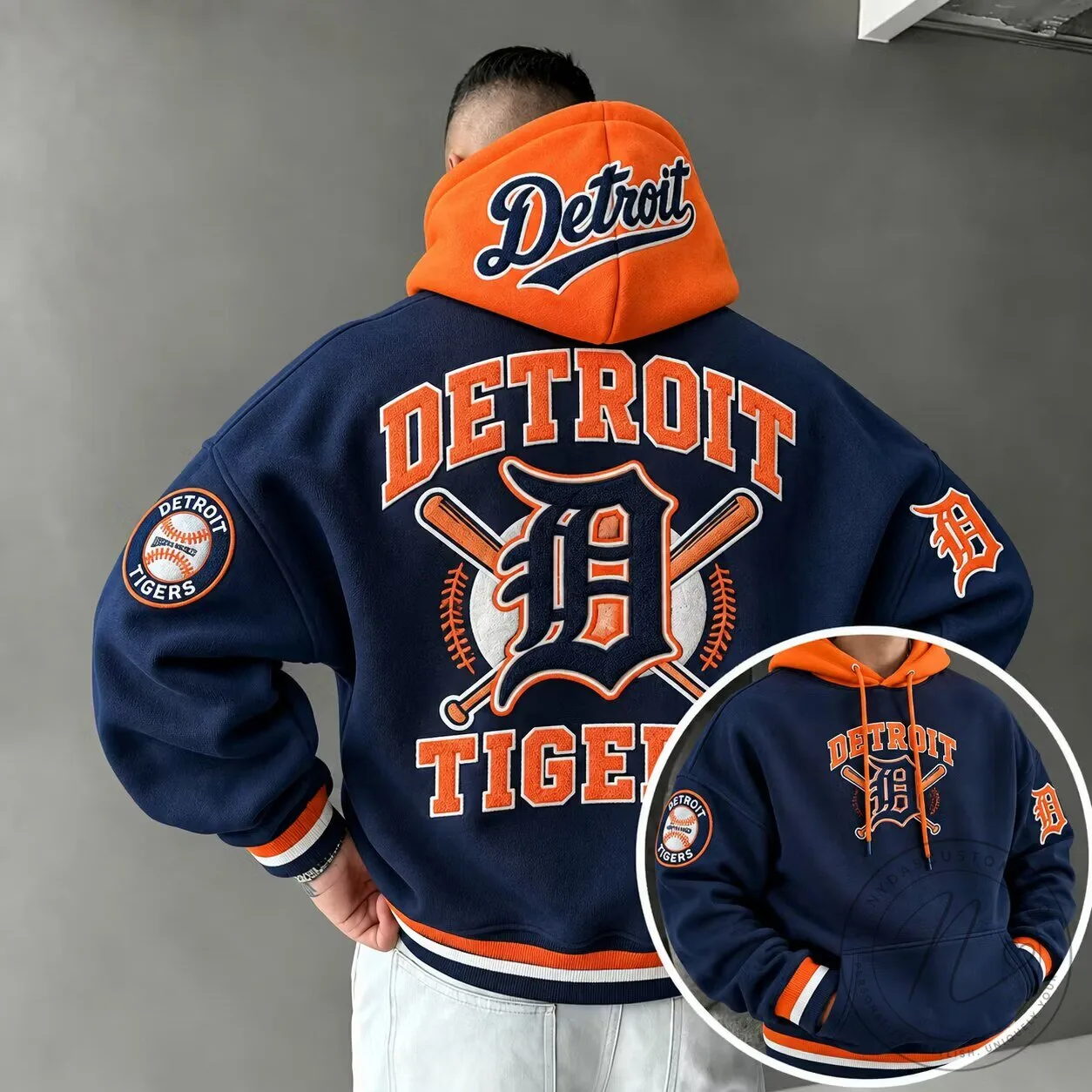 Detroit Tigers Baseball Team Logo Navy Blue and Orange Graphic Hoodie