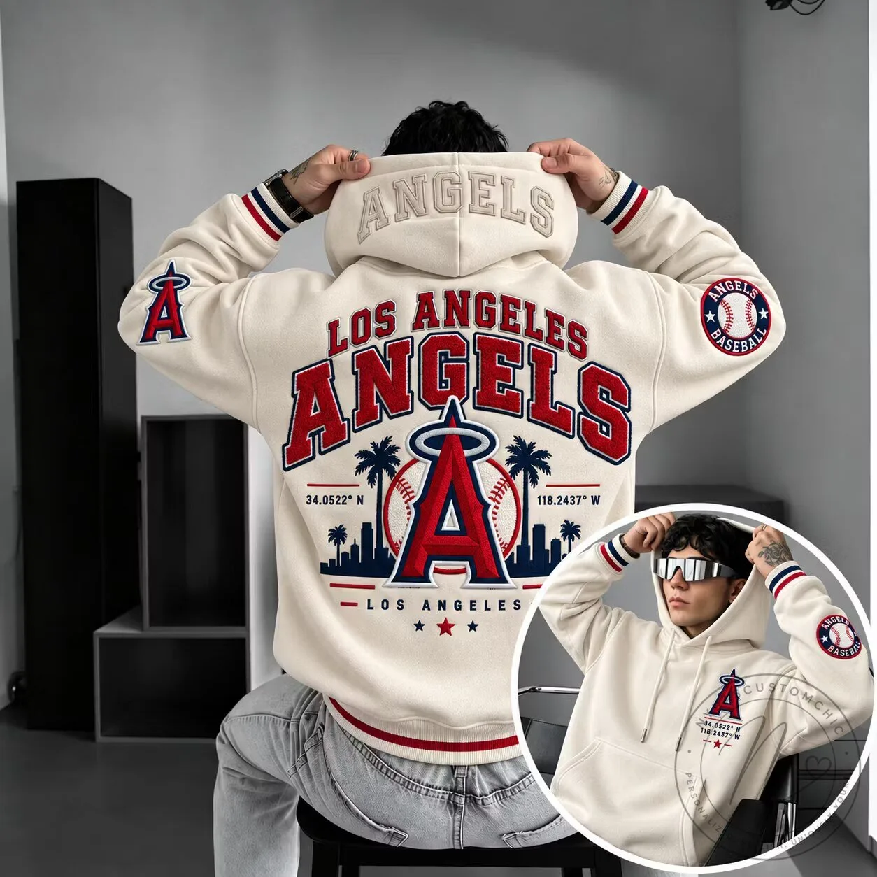 Los Angeles Angels Baseball Team Embroidered Cream Hoodie