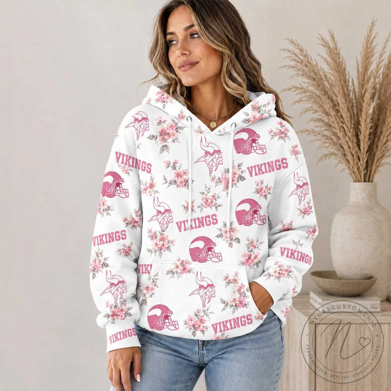 Minnesota Vikings Pink Floral Team Pride Hoodie 2 Minnesota Vikings Pink Floral Team Pride Hoodie