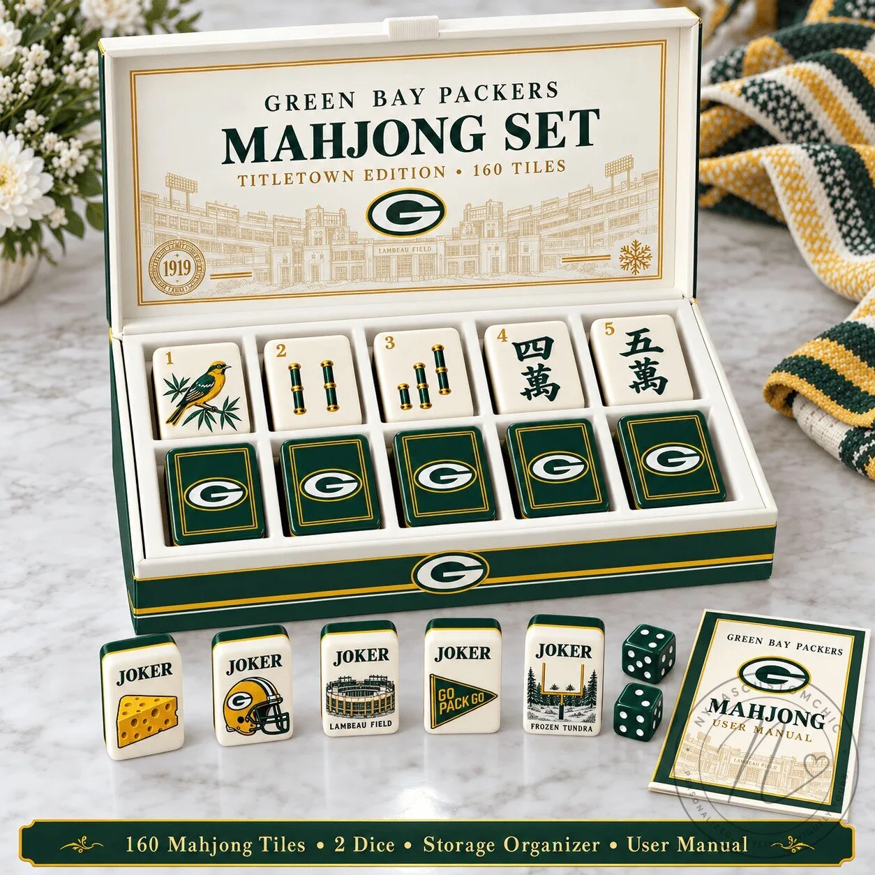 Green Bay Packers Titletown Edition Mahjong Game Set with 160 Tiles and Dice