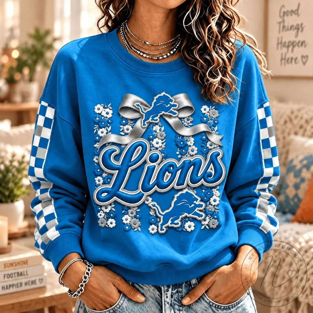 Detroit Lions Fan Blue Floral Checkered Sleeve Sweatshirt Detroit Lions Fan Blue Floral Checkered Sleeve Sweatshirt