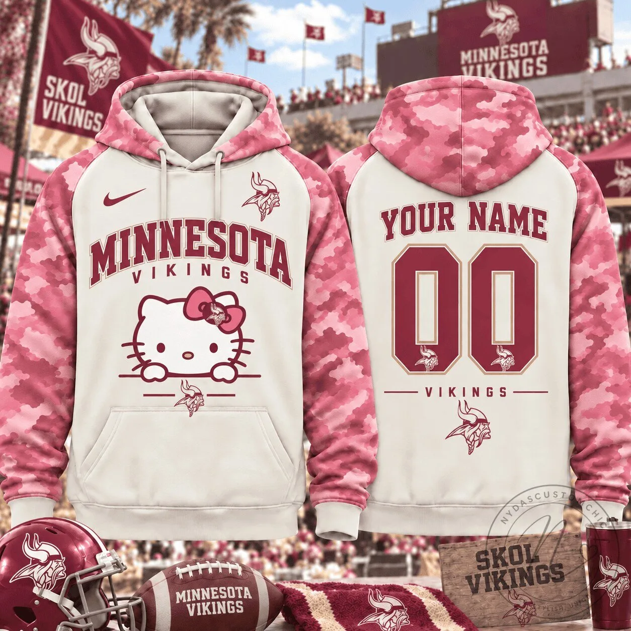 Custom Camouflage Hoodie in Pink featuring Hello Kitty and Minnesota Vikings Logo 5 Custom Camouflage Hoodie in Pink featuring Hello Kitty and Minnesota Vikings Logo