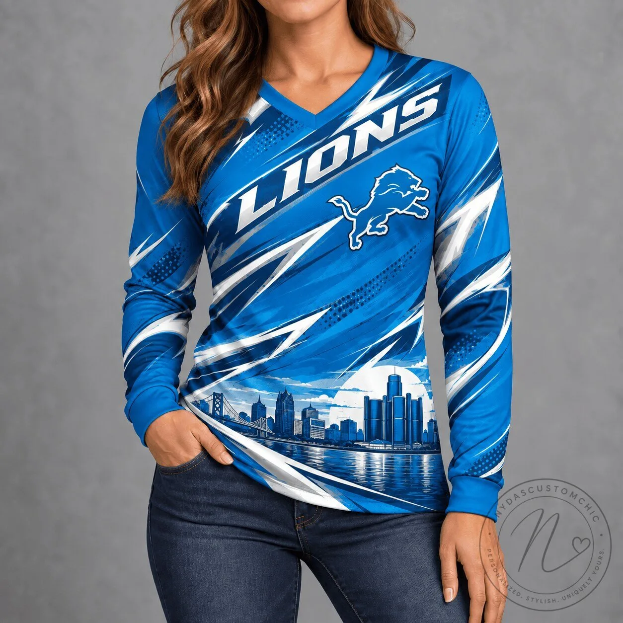 Detroit Lions NFL City Horizon Blue Long-Sleeve V-Neck Shirt for Women