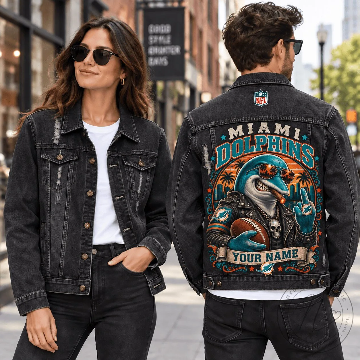 Miami Dolphins NFL Football Team Mascot Custom Name Denim Jacket 1 Miami Dolphins NFL Football Team Mascot Custom Name Denim Jacket
