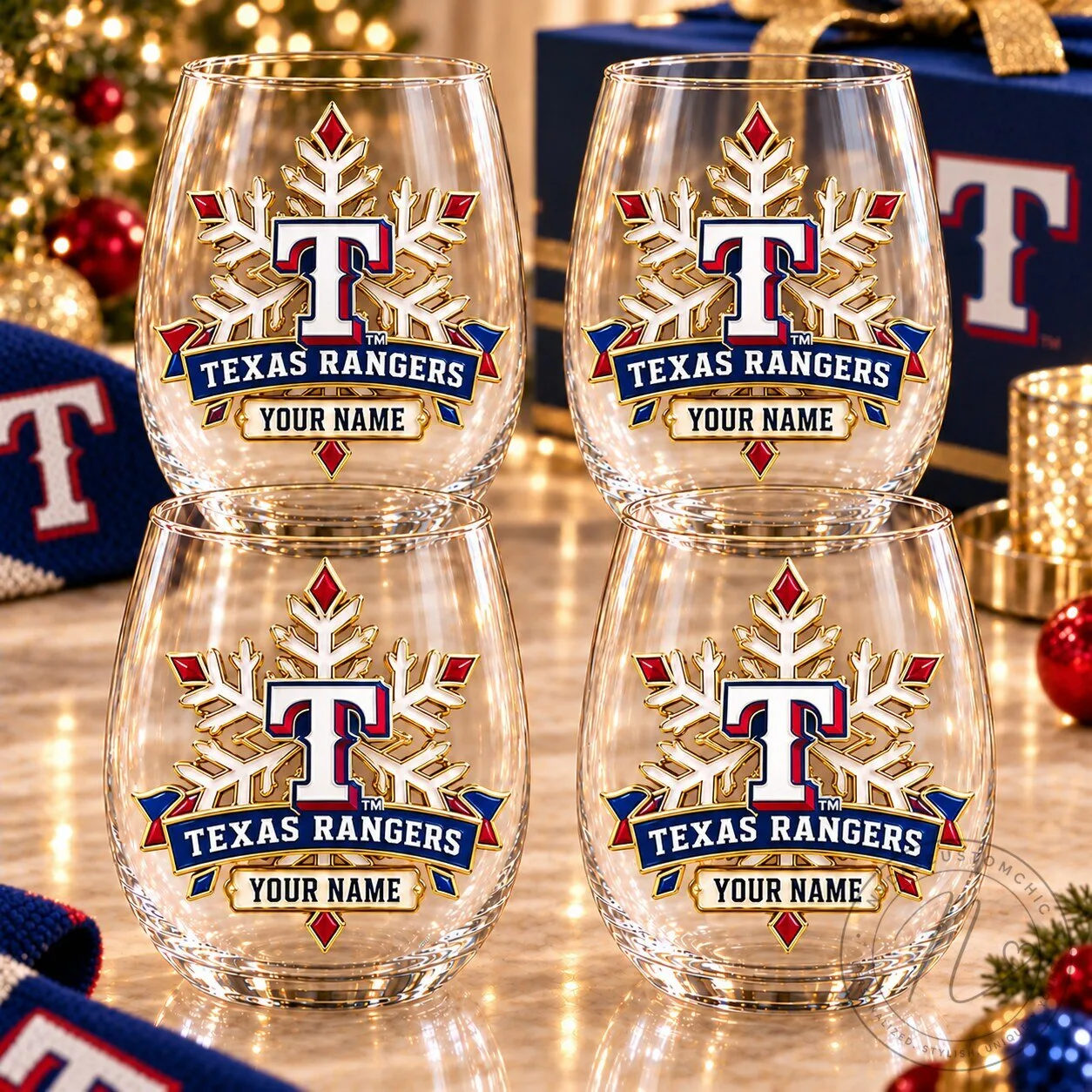 Texas Rangers Baseball Team Snowflake Stemless Wine Glass Set