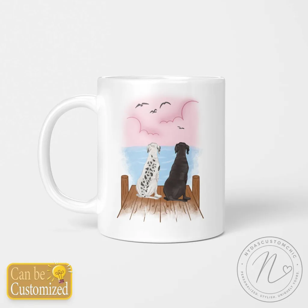 Personalized Two Dogs on Dock Looking at Sunset Custom Coffee Mug Personalized Two Dogs on Dock Looking at Sunset Custom Coffee Mug