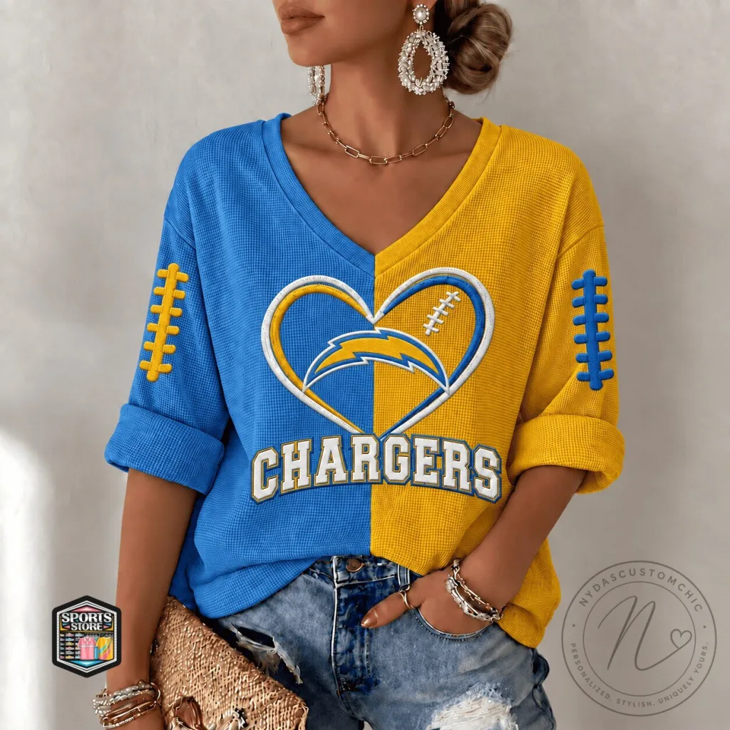 Los Angeles Chargers Two-Tone Embroidered Heart Football T-Shirt Los Angeles Chargers Two-Tone Embroidered Heart Football T-Shirt